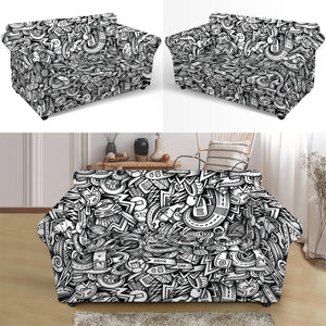 Cartoon Mechanic Pattern Print Loveseat Slipcover