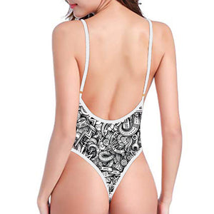 Cartoon Mechanic Pattern Print One Piece High Cut Swimsuit