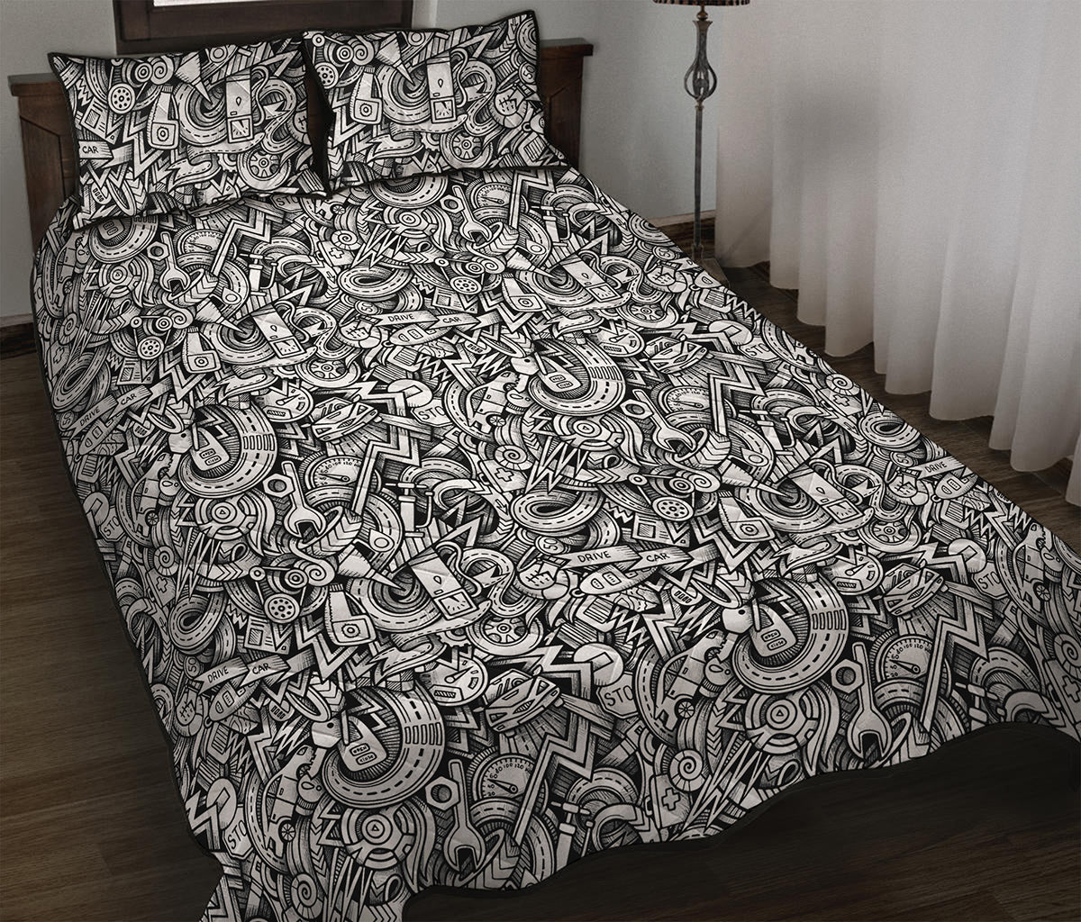 Cartoon Mechanic Pattern Print Quilt Bed Set