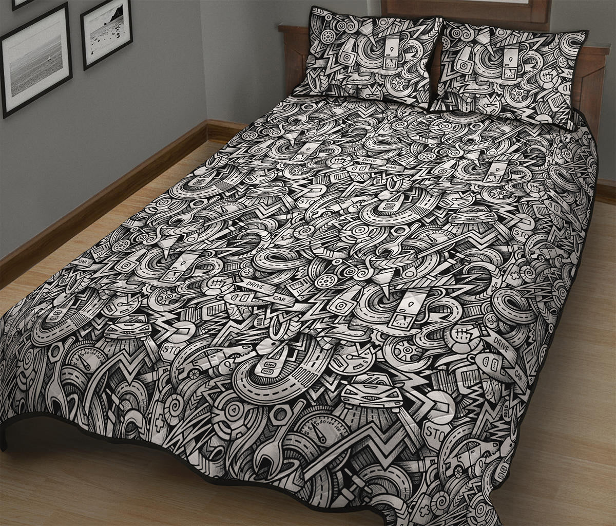 Cartoon Mechanic Pattern Print Quilt Bed Set