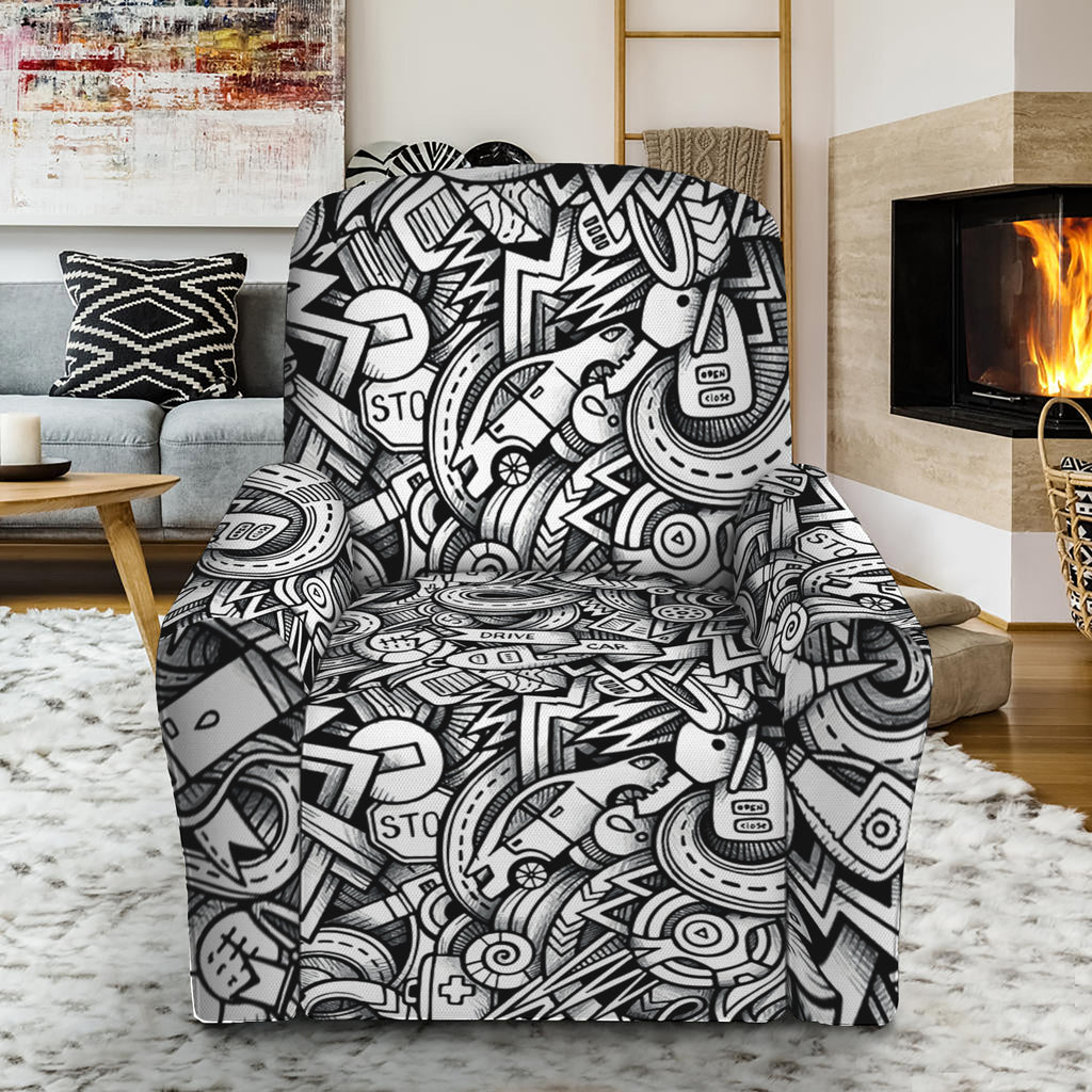 Cartoon Mechanic Pattern Print Recliner Slipcover