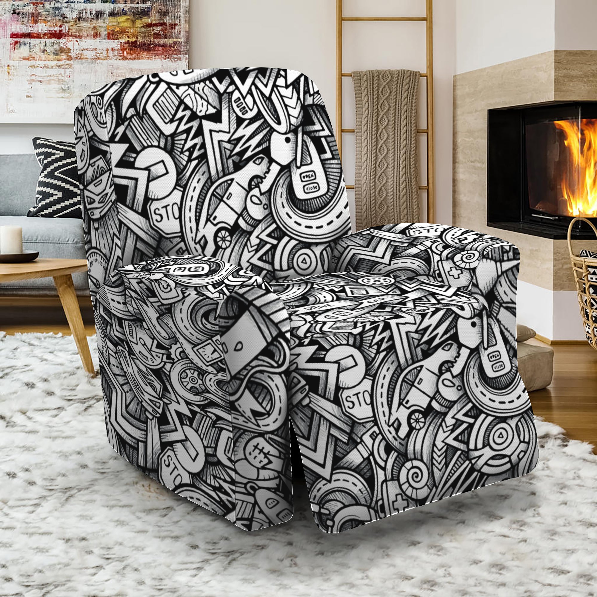 Cartoon Mechanic Pattern Print Recliner Slipcover