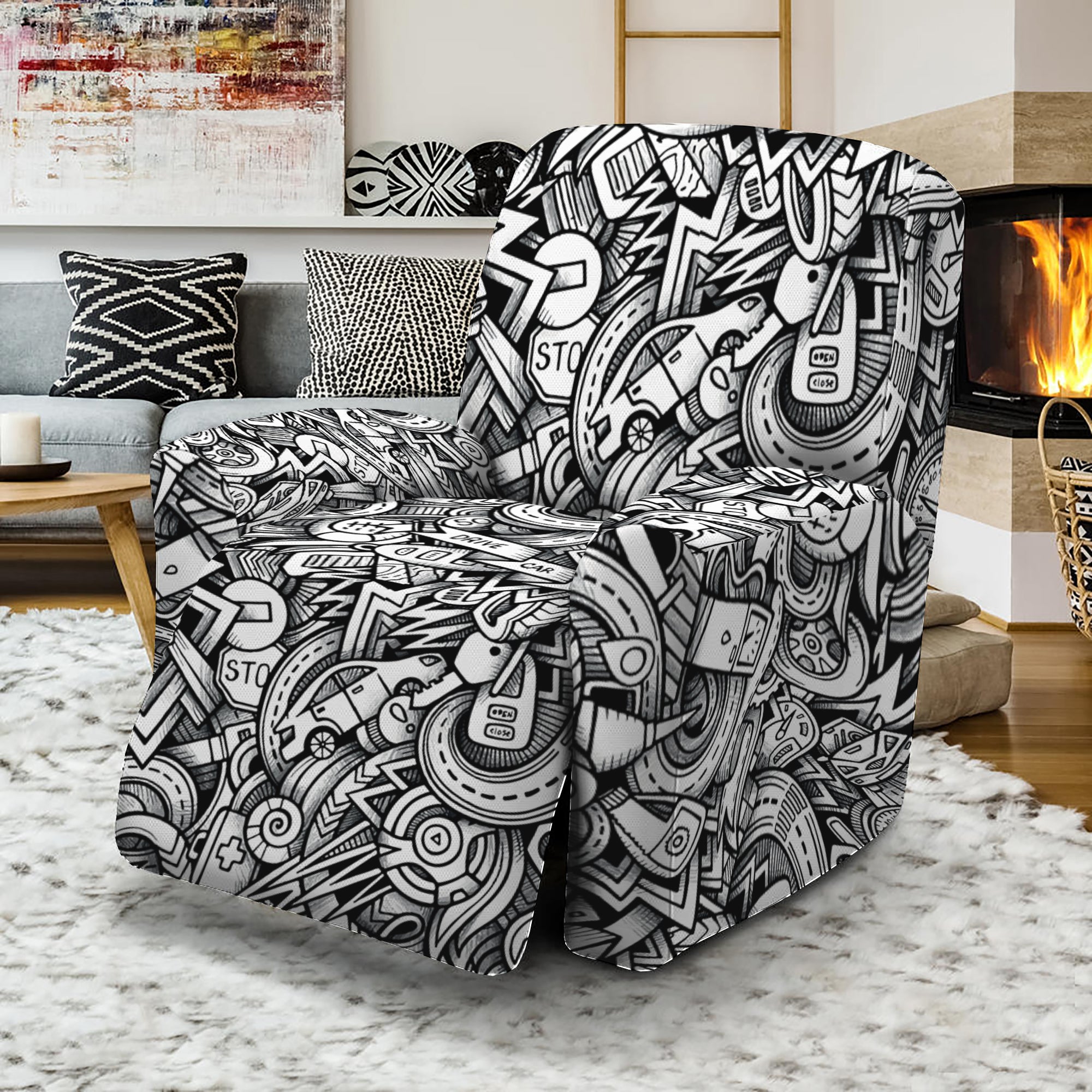 Cartoon Mechanic Pattern Print Recliner Slipcover