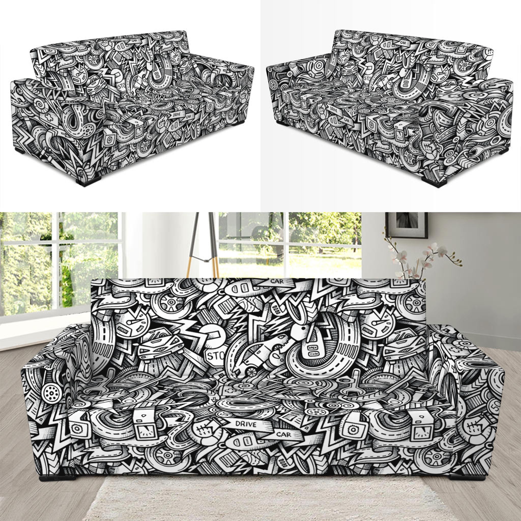 Cartoon Mechanic Pattern Print Sofa Slipcover