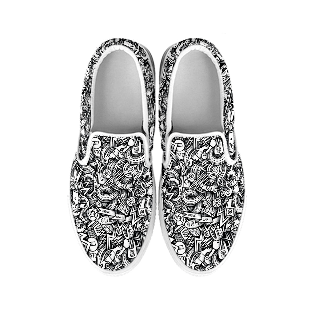 Cartoon Mechanic Pattern Print White Slip On Shoes