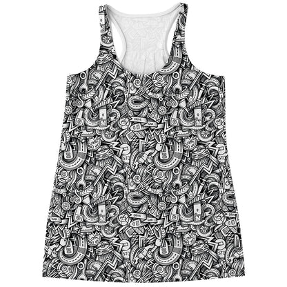 Cartoon Mechanic Pattern Print Women's Racerback Tank Top