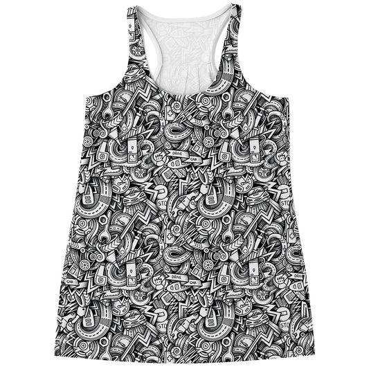 Cartoon Mechanic Pattern Print Women's Racerback Tank Top