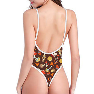 Cartoon Mushroom Pattern Print One Piece High Cut Swimsuit