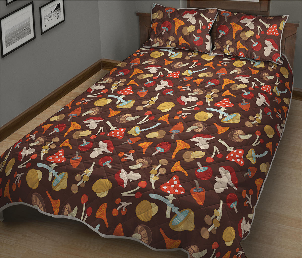 Cartoon Mushroom Pattern Print Quilt Bed Set