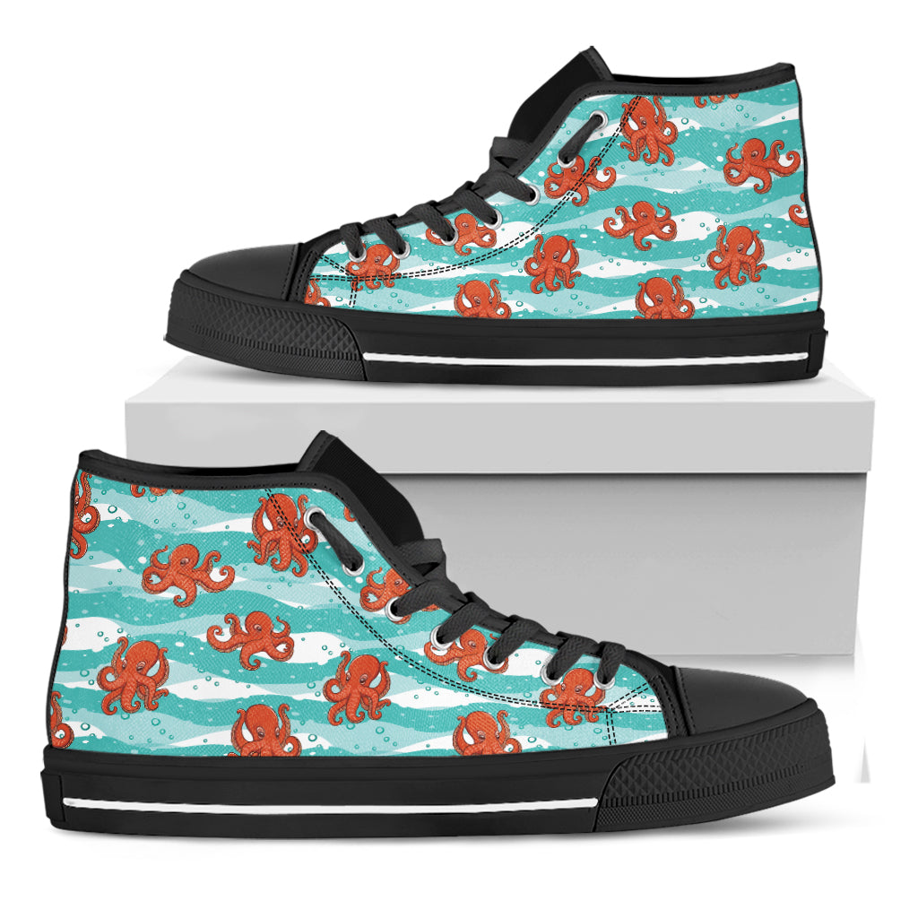 Cartoon Octopus Pattern Print Black High Top Shoes