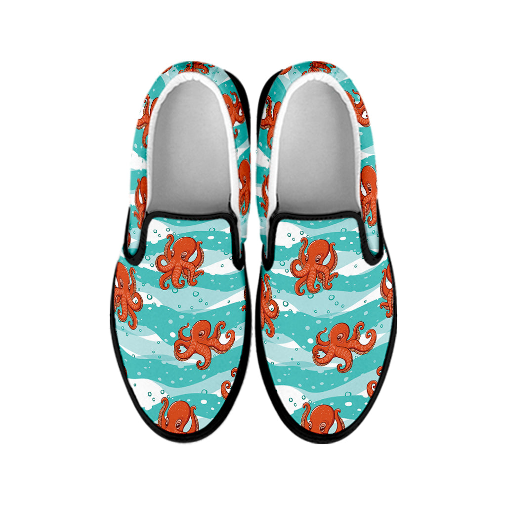 Cartoon Octopus Pattern Print Black Slip On Shoes