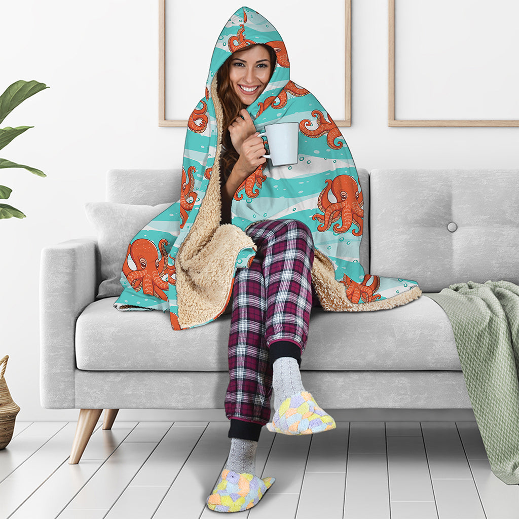 Cartoon Octopus Pattern Print Hooded Blanket