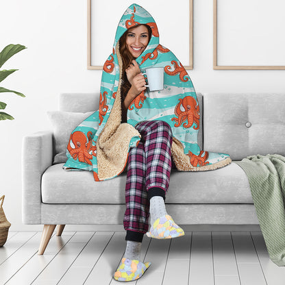 Cartoon Octopus Pattern Print Hooded Blanket