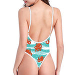 Cartoon Octopus Pattern Print One Piece High Cut Swimsuit