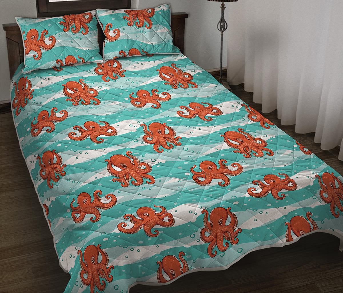 Cartoon Octopus Pattern Print Quilt Bed Set