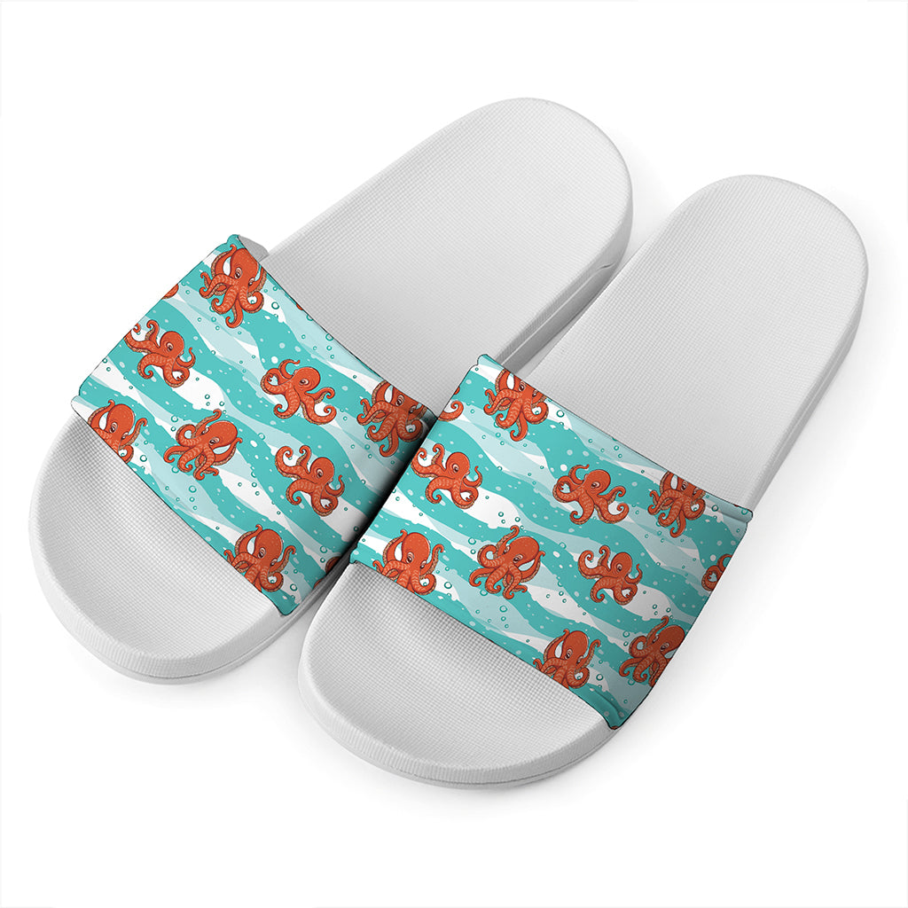 Cartoon Octopus Pattern Print White Slide Sandals