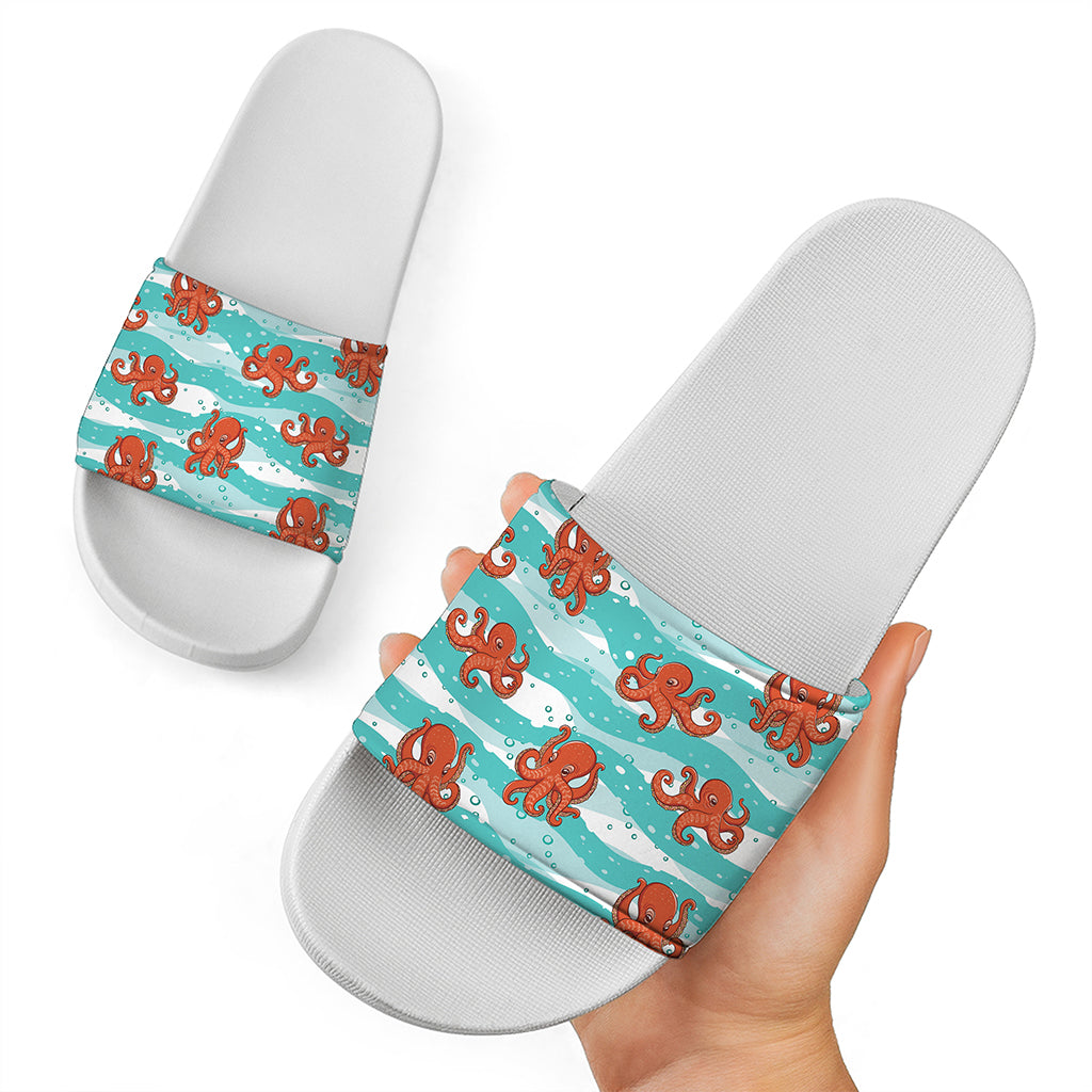 Cartoon Octopus Pattern Print White Slide Sandals