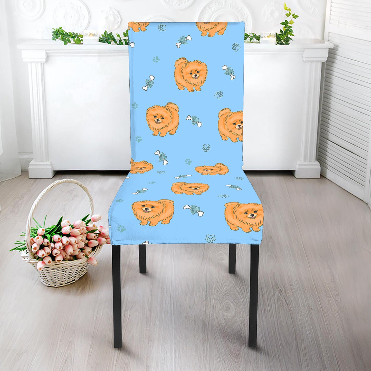 Cartoon Pomeranian Pattern Print Dining Chair Slipcover