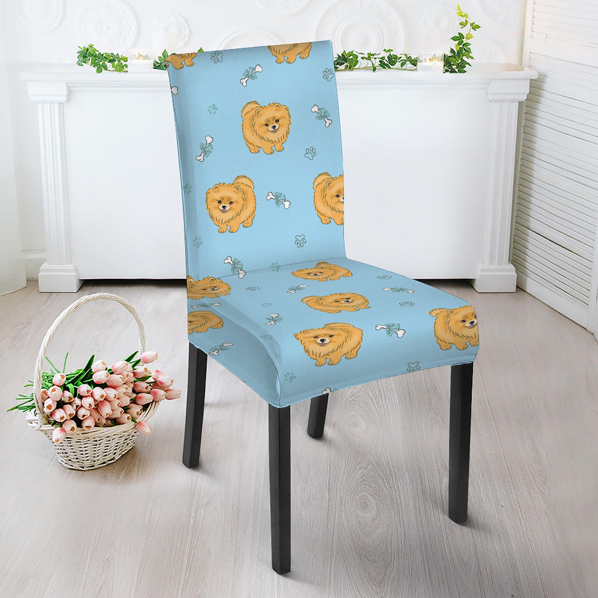 Cartoon Pomeranian Pattern Print Dining Chair Slipcover