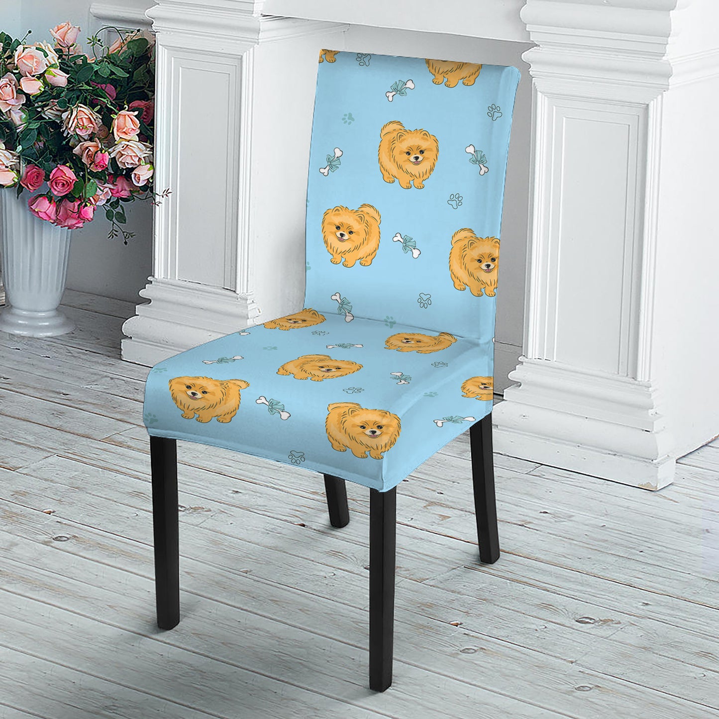 Cartoon Pomeranian Pattern Print Dining Chair Slipcover