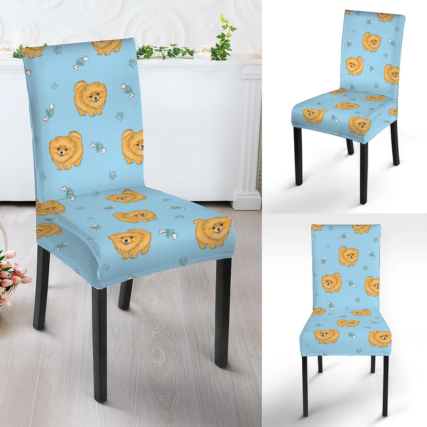 Cartoon Pomeranian Pattern Print Dining Chair Slipcover