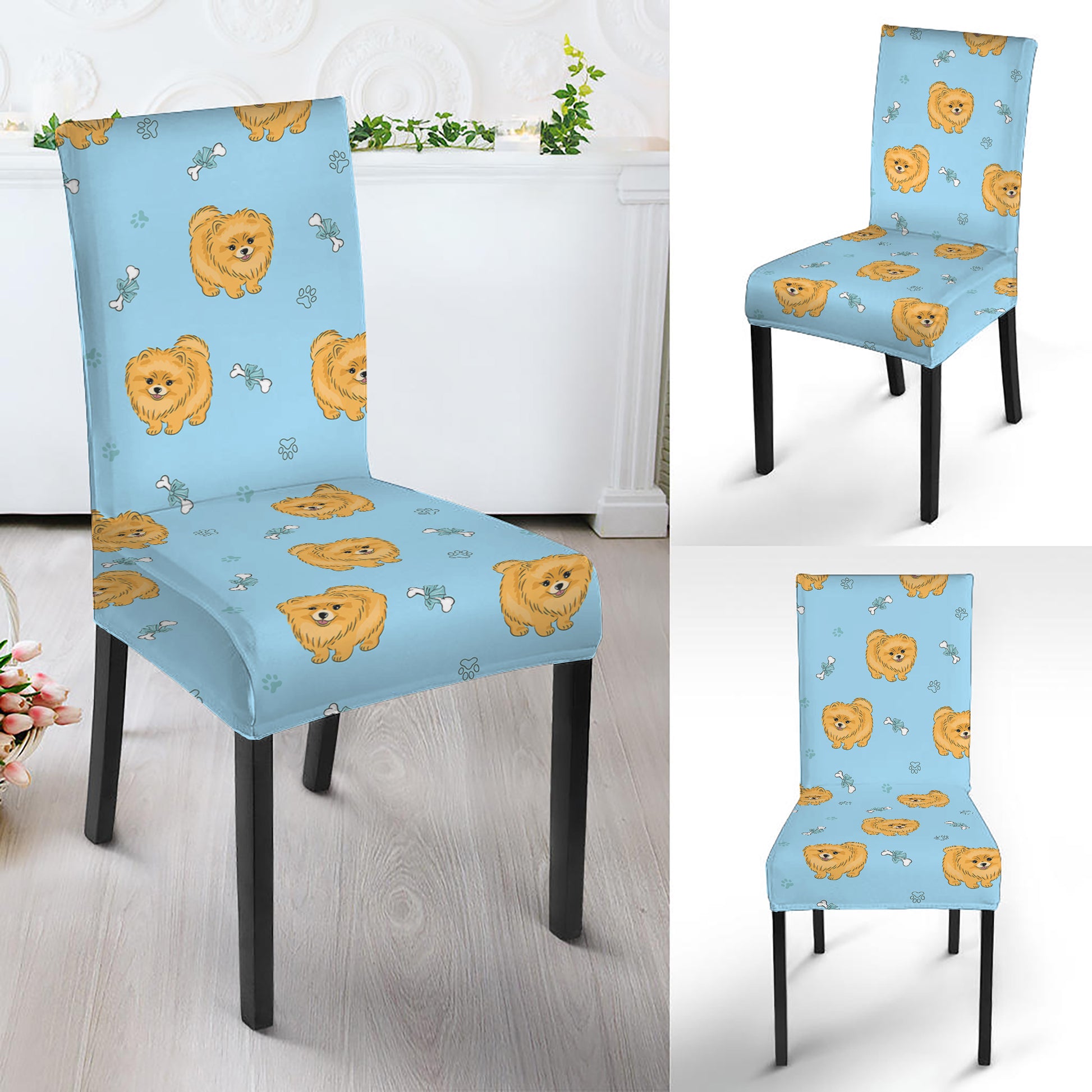 Cartoon Pomeranian Pattern Print Dining Chair Slipcover