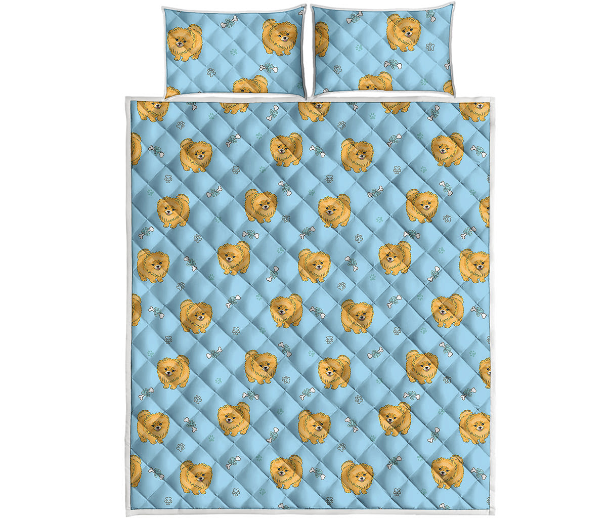 Cartoon Pomeranian Pattern Print Quilt Bed Set