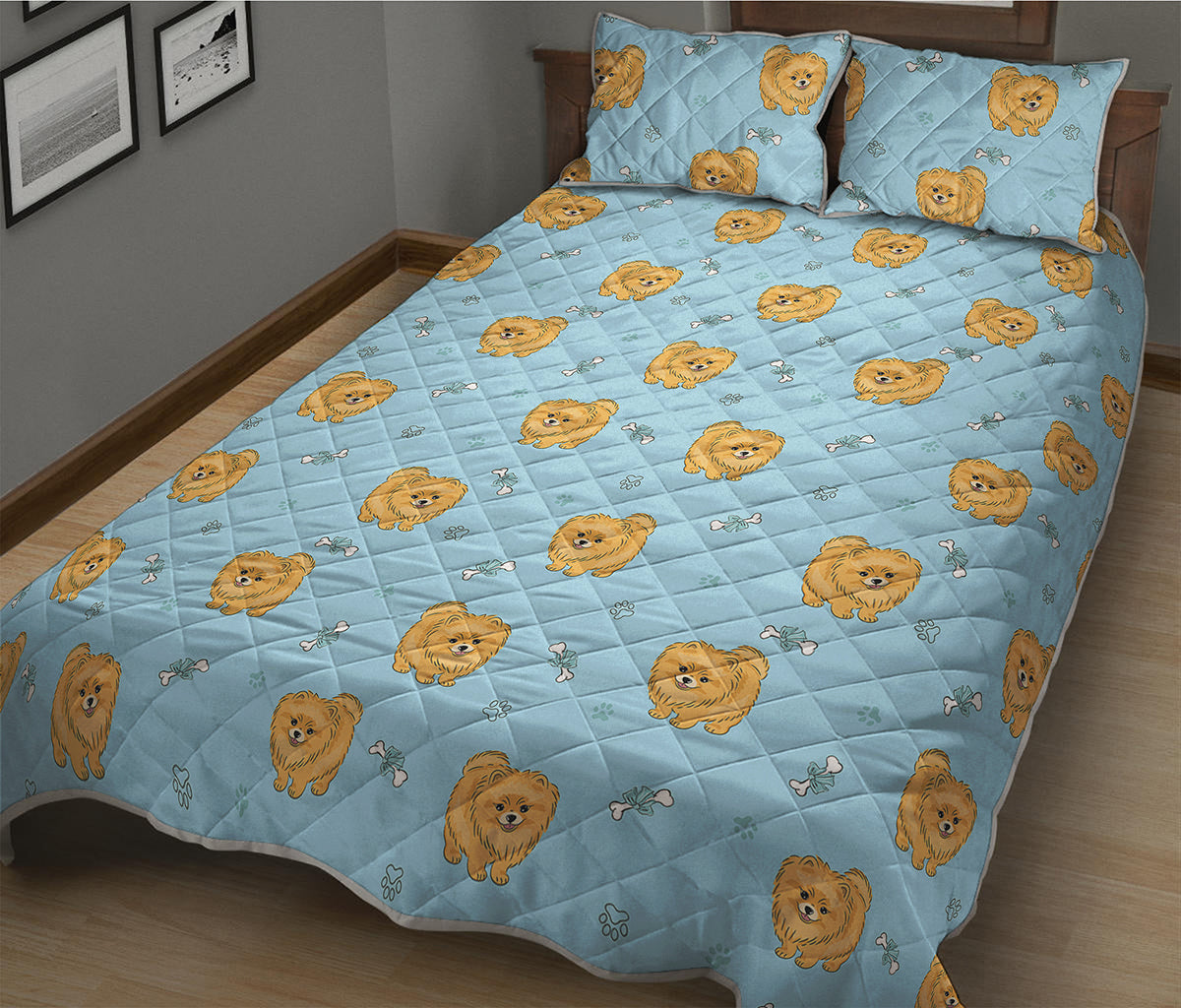 Cartoon Pomeranian Pattern Print Quilt Bed Set