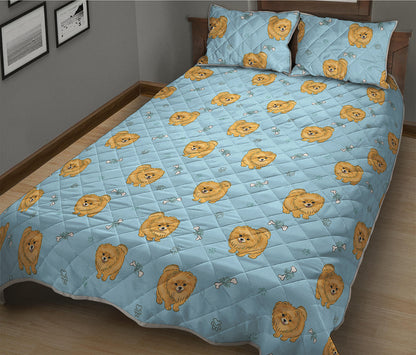 Cartoon Pomeranian Pattern Print Quilt Bed Set