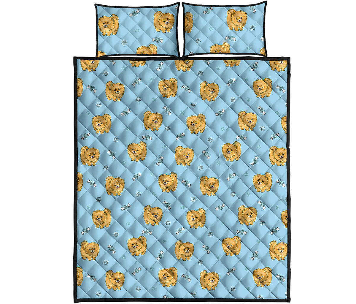 Cartoon Pomeranian Pattern Print Quilt Bed Set