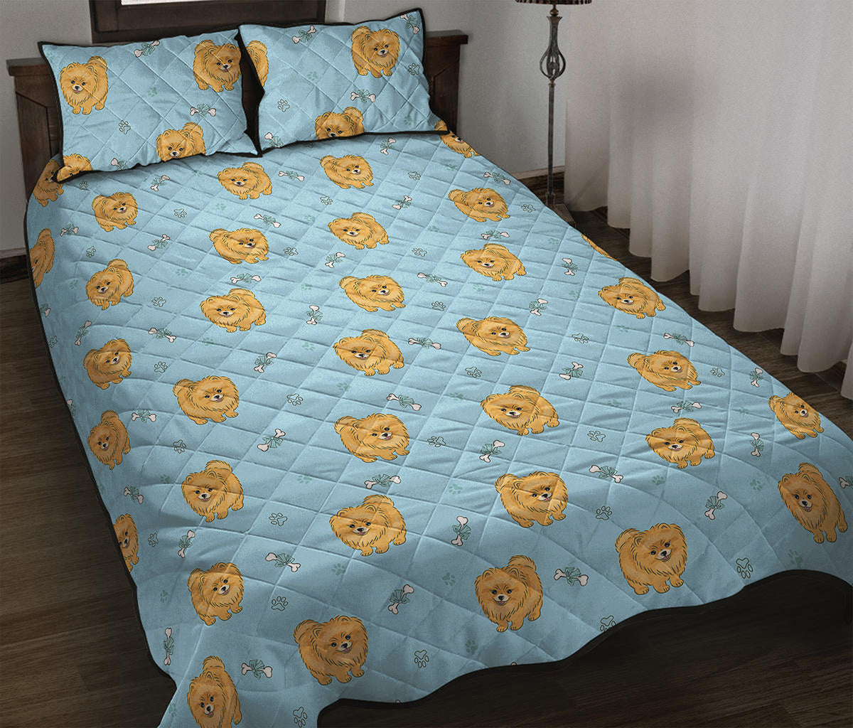 Cartoon Pomeranian Pattern Print Quilt Bed Set