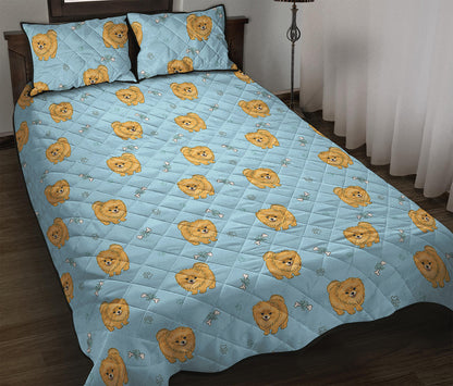Cartoon Pomeranian Pattern Print Quilt Bed Set