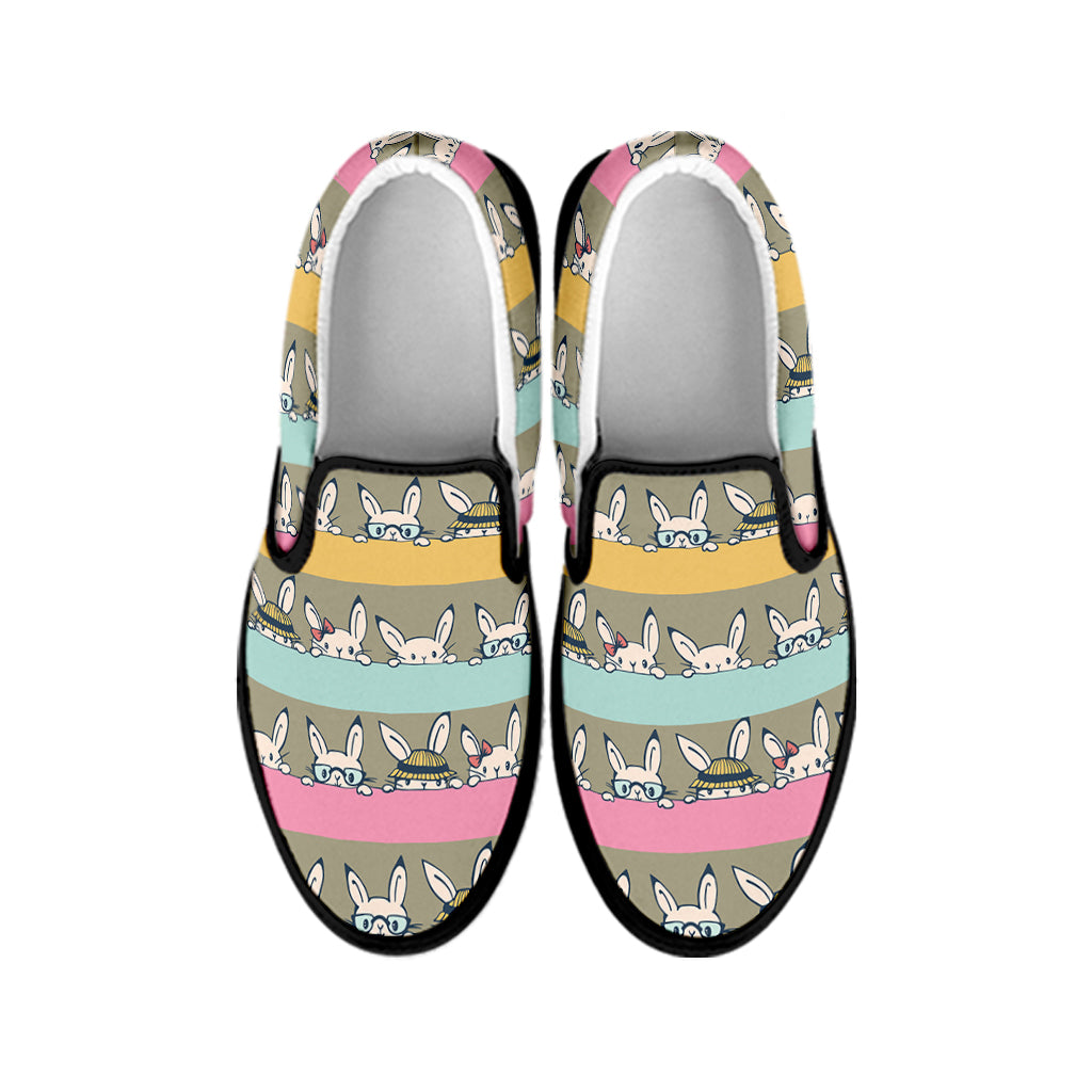 Cartoon Rabbit Pattern Print Black Slip On Shoes