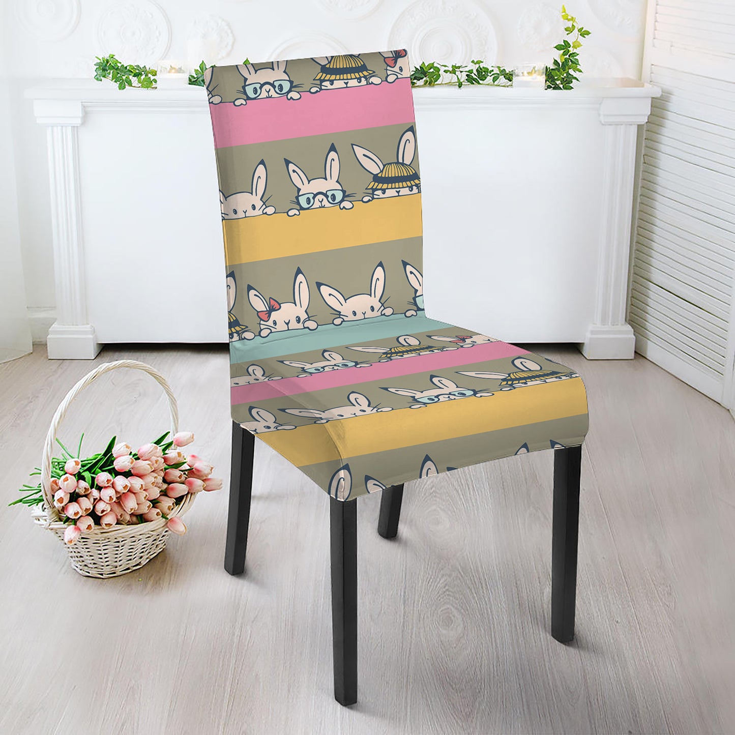 Cartoon Rabbit Pattern Print Dining Chair Slipcover