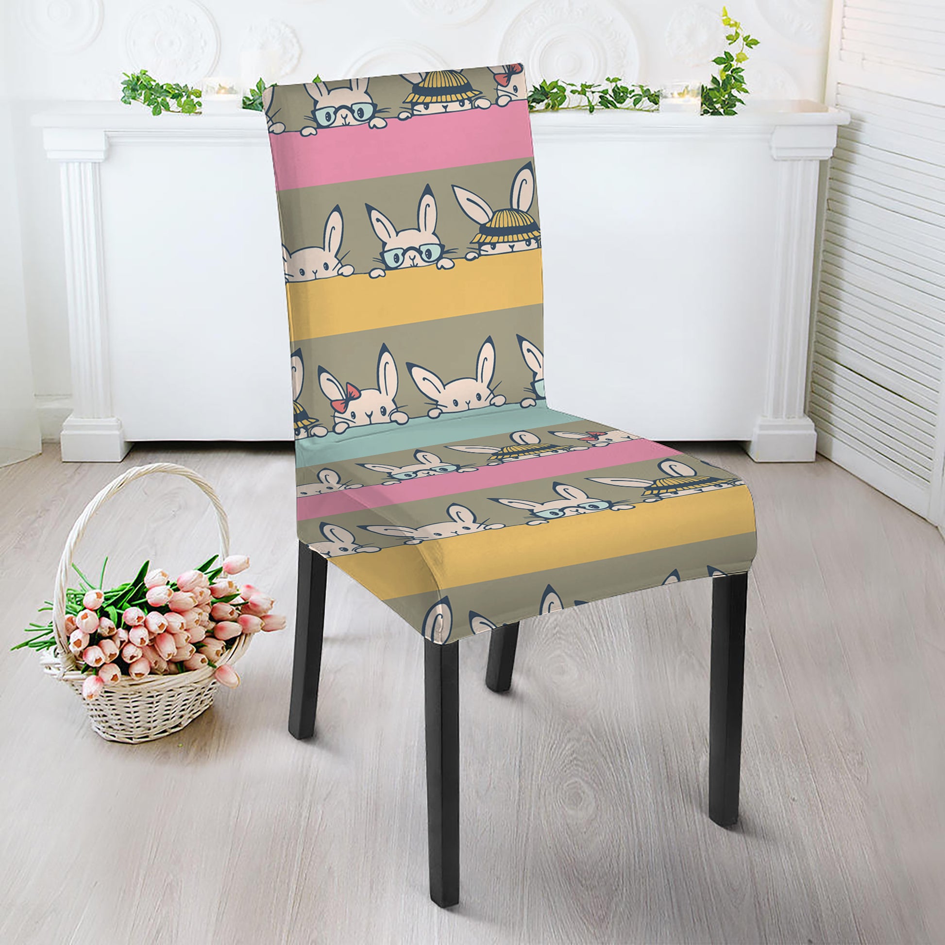 Cartoon Rabbit Pattern Print Dining Chair Slipcover
