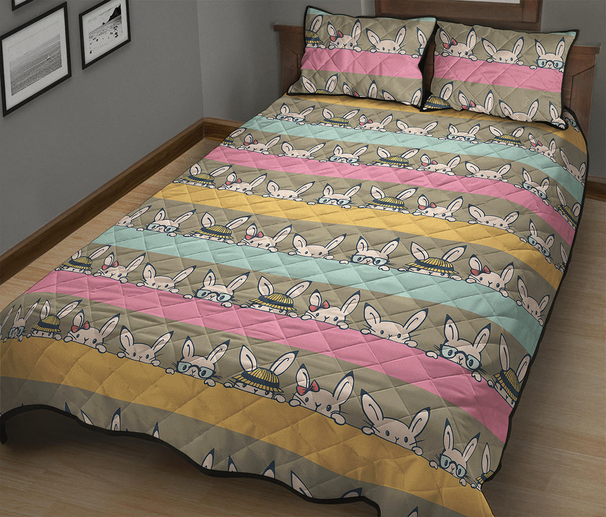 Cartoon Rabbit Pattern Print Quilt Bed Set