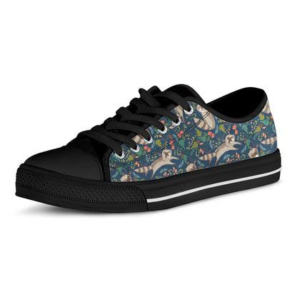 Cartoon Raccoon Pattern Print Black Low Top Shoes