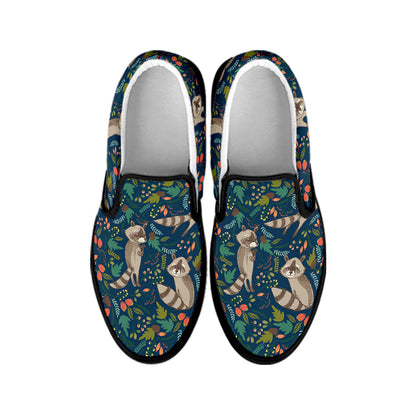 Cartoon Raccoon Pattern Print Black Slip On Shoes