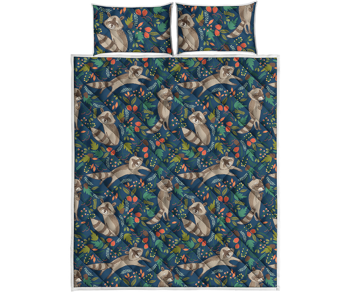 Cartoon Raccoon Pattern Print Quilt Bed Set