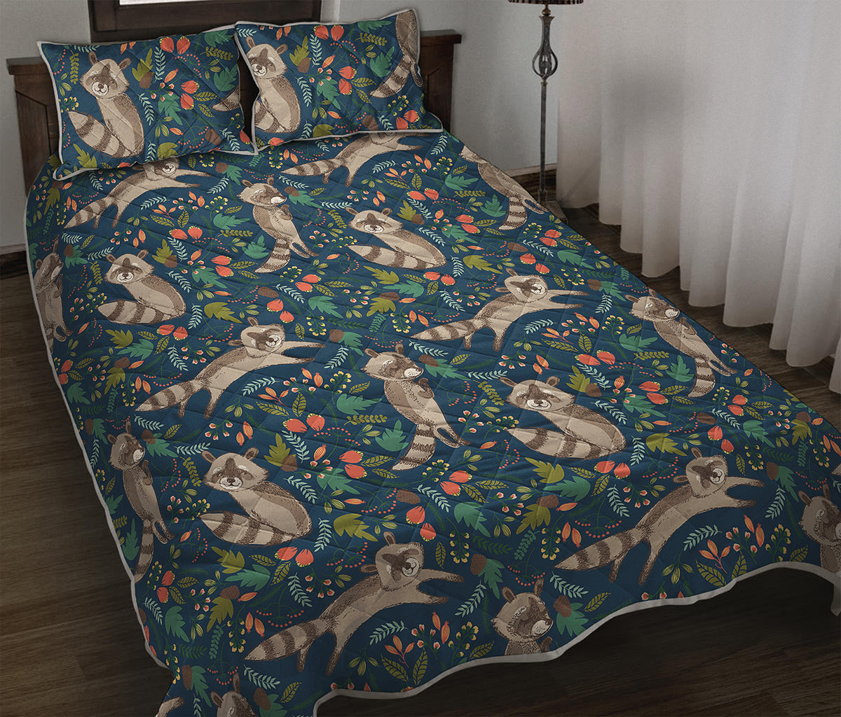 Cartoon Raccoon Pattern Print Quilt Bed Set