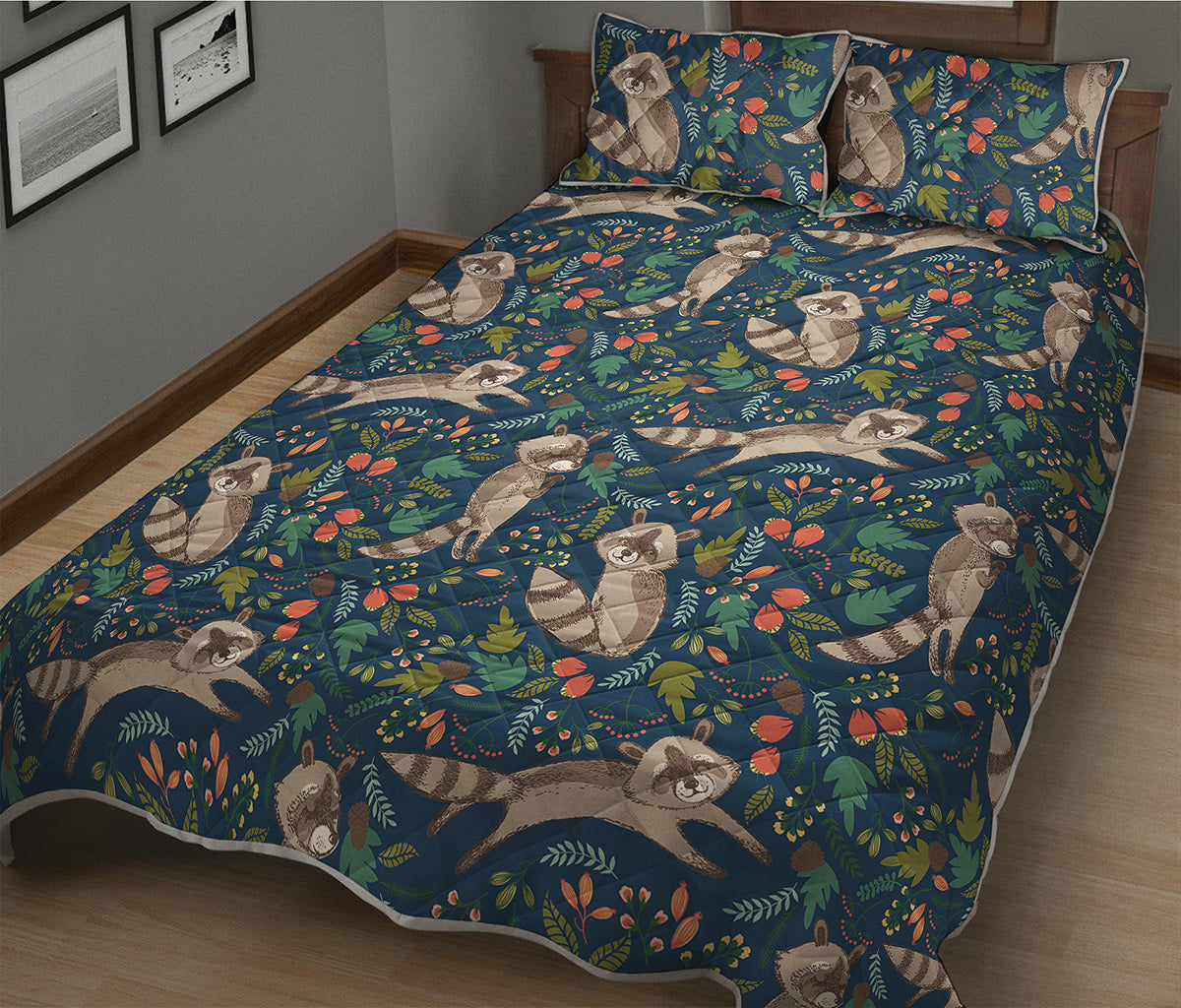 Cartoon Raccoon Pattern Print Quilt Bed Set