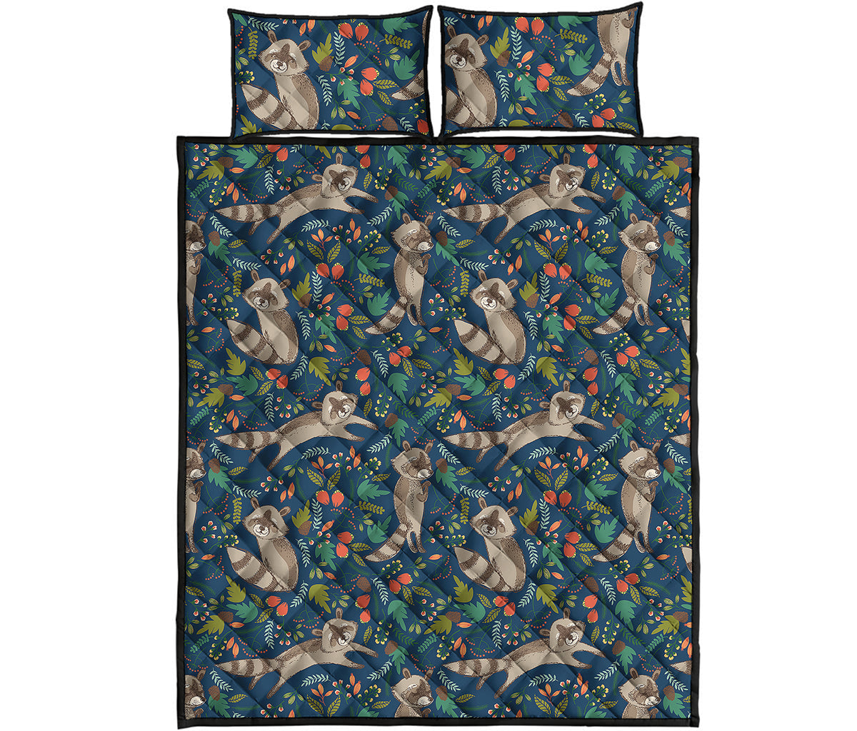Cartoon Raccoon Pattern Print Quilt Bed Set