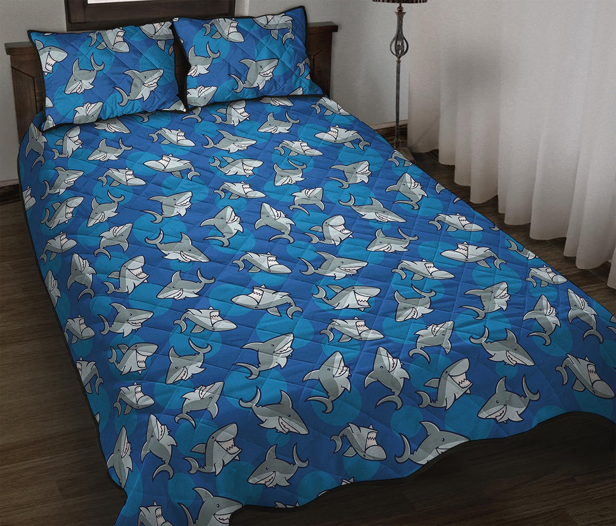 Cartoon Shark Pattern Print Quilt Bed Set