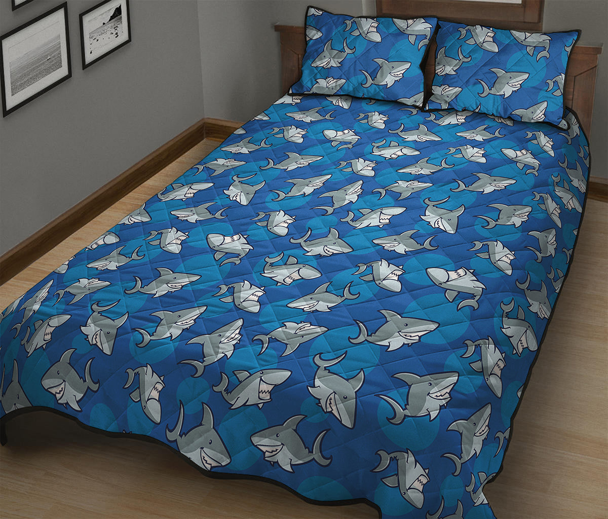 Cartoon Shark Pattern Print Quilt Bed Set