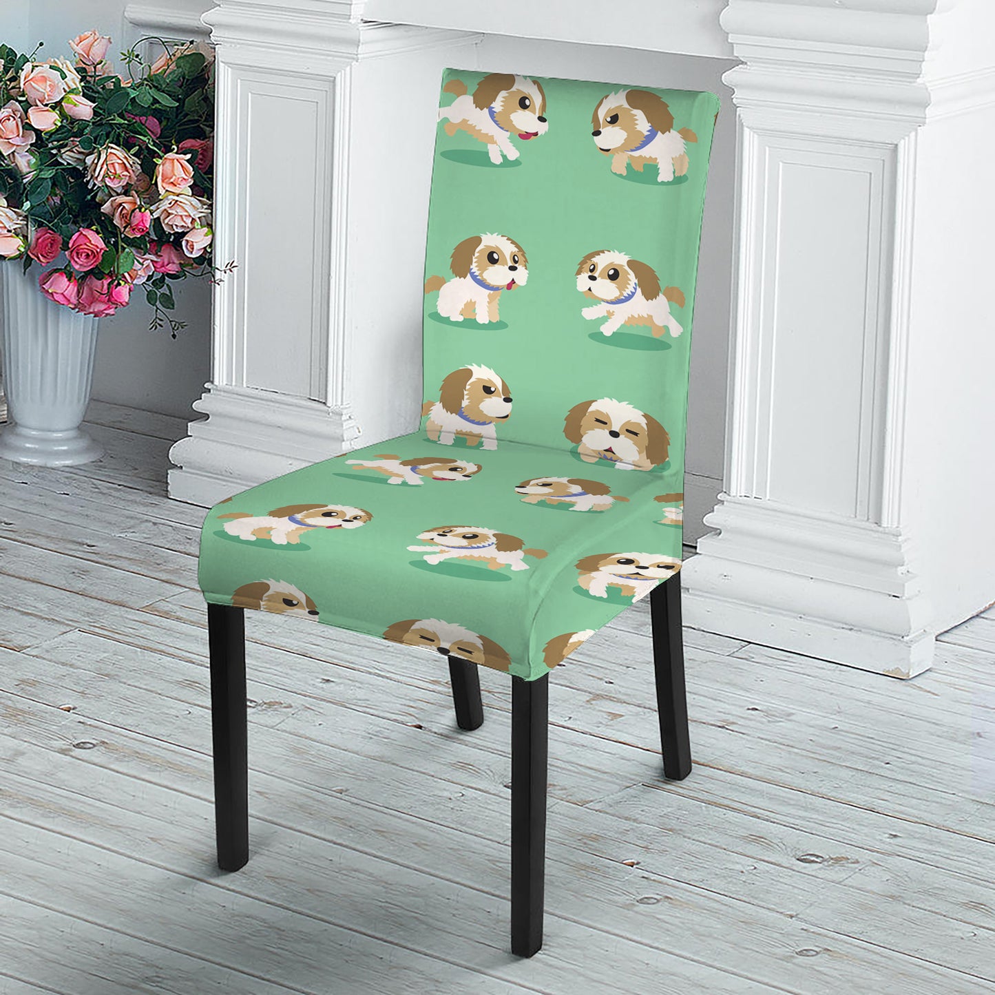 Cartoon Shih Tzu Pattern Print Dining Chair Slipcover