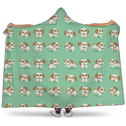 Cartoon Shih Tzu Pattern Print Hooded Blanket