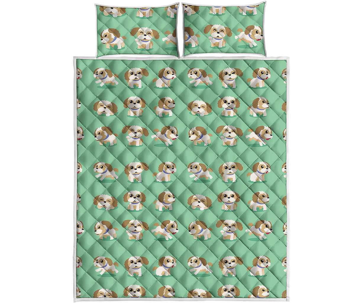 Cartoon Shih Tzu Pattern Print Quilt Bed Set