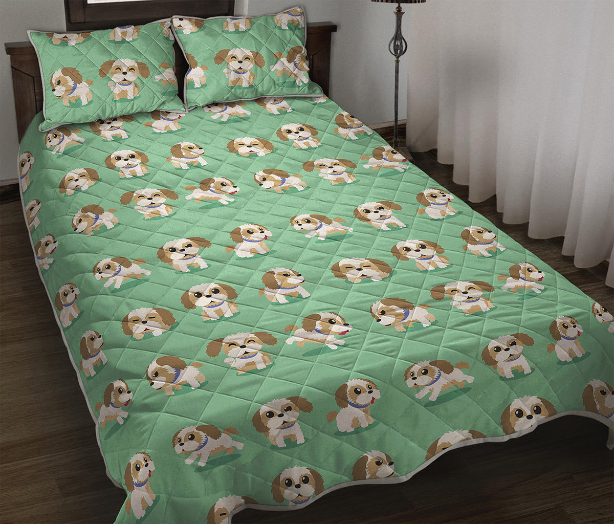 Cartoon Shih Tzu Pattern Print Quilt Bed Set