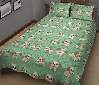 Cartoon Shih Tzu Pattern Print Quilt Bed Set