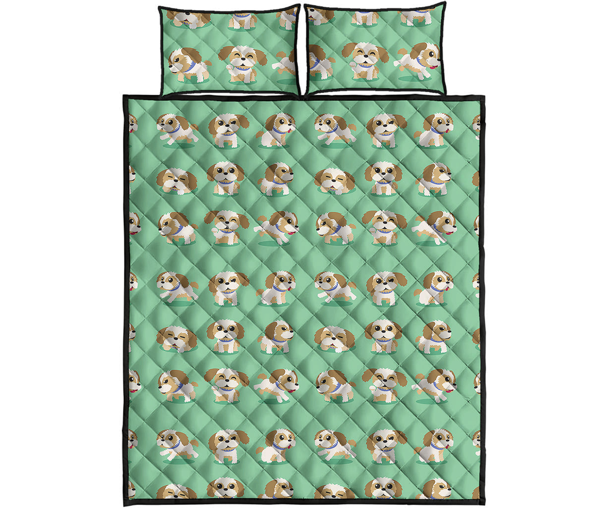 Cartoon Shih Tzu Pattern Print Quilt Bed Set